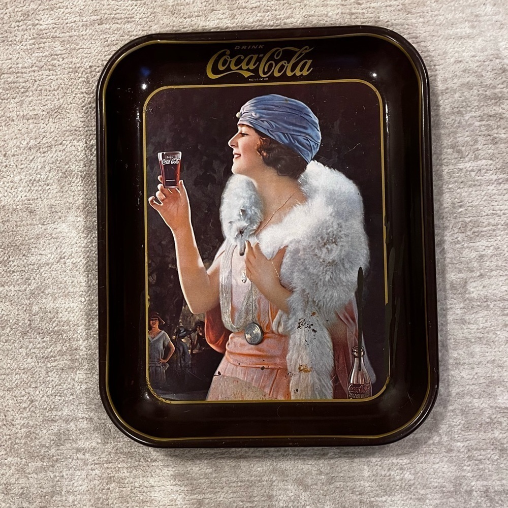 1973 Coca Cola Advertisement Tray, Painted Metal, 1920's Flapper Girl, Bar Ware,